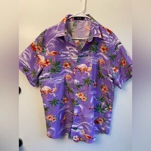 Casual Purple and Green Button Down Shirt with Tropical Design